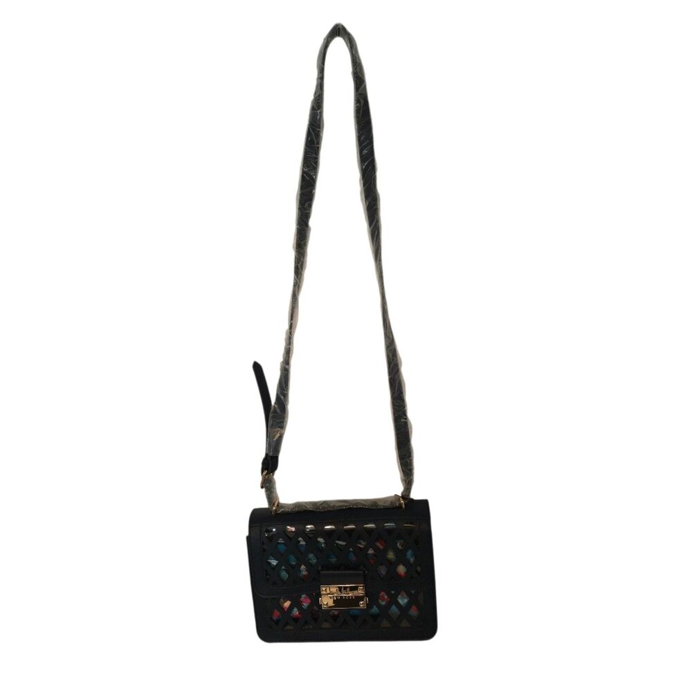 Nicole Miller Navy Blue Laser Cut Crossbody with Floral Makeup Bag Insert NEW